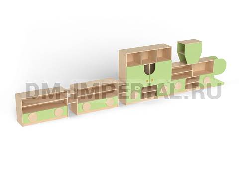 Оснащение детских садов, Шкафы, Стеллаж Паровозик с 2-мя вагонами ШС-002-2